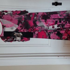 Size 14 pink, gray & black v-neck ruched dress